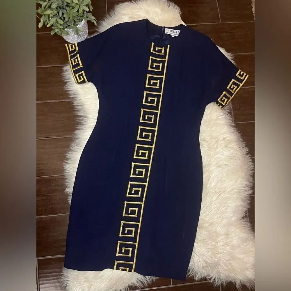 Chetta B Navy Blue with embroidered Gold design short sleeve dress sz 10